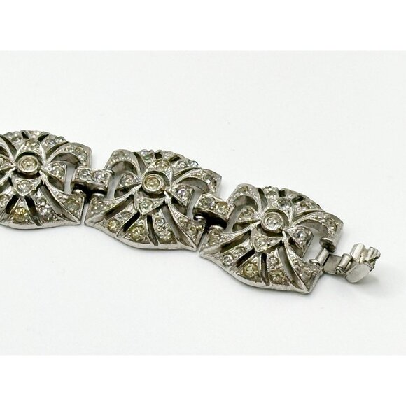 VINTAGE 1930'S KTF TRIFARI ART DECO RHINESTONE BRACELET SIGNED RHODIUM PLATED - Picture 10 of 10